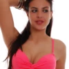 Candy pink underwire bikini top with molded push-up cups and thin adjustable straps for a rounded lift.