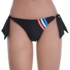 Quick-drying polyamide cheeky swim bottom with slim side-tie cords and a pink, green and blue stripe accent.