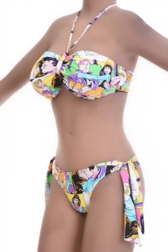 Colorful comic-print bandeau bikini set with Brazilian-thong tie-side bottom in smooth polyamide.