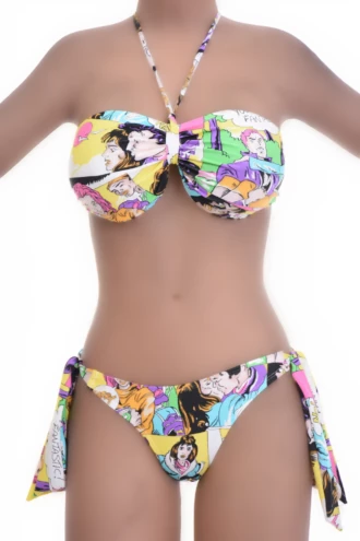 Comic-book print bandeau bikini top worn as halter or strapless with a tie back for women.