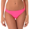 Coral cheeky pull-on bikini bottom with moderate front coverage and a cheeky back, pulls on with nothing to tie.