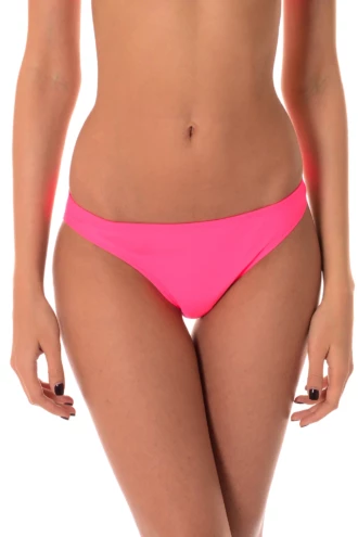 Coral cheeky pull-on bikini bottom with moderate front coverage and a cheeky back, pulls on with nothing to tie.