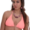 Classic string triangle bikini top in warm coral with a tie-back band, light and quick-drying for sunbathing.