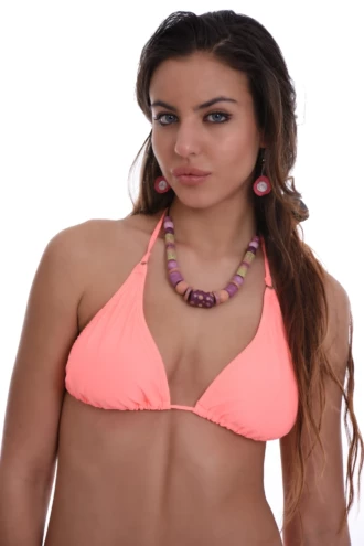Classic string triangle bikini top in warm coral with a tie-back band, light and quick-drying for sunbathing.