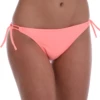 Warm coral swim bottom blending pink and orange, with a tie at each hip to set the fit, stretchy and quick to dry.