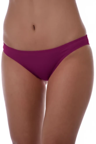 Cyclamen cheeky pull-on bikini bottom with moderate front coverage and a cheeky back, no ties.
