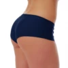 Dark blue boyshort bikini bottom with fuller coverage across the sides and seat and a mid-rise waist in stretch polyamide-Lycra.