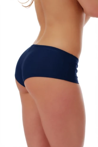 Dark blue boyshort bikini bottom with fuller coverage across the sides and seat and a mid-rise waist in stretch polyamide-Lycra.