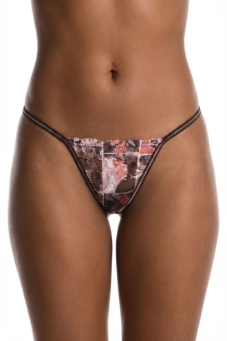 Dark floral print G-string with a patchwork-style motif and slim string back, low-rise minimal coverage.