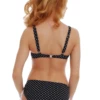 Dot-print underwire bikini top with molded cups and hook-and-eye back on a supportive D cup.