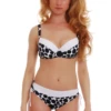 Dot-print underwire bikini top with molded cups, white edging and hook-and-eye back on a D cup.