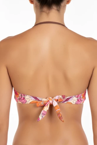 Floral print balconette bikini top with molded push-up cups and slim straps that tie at the neck for adjustable fit.