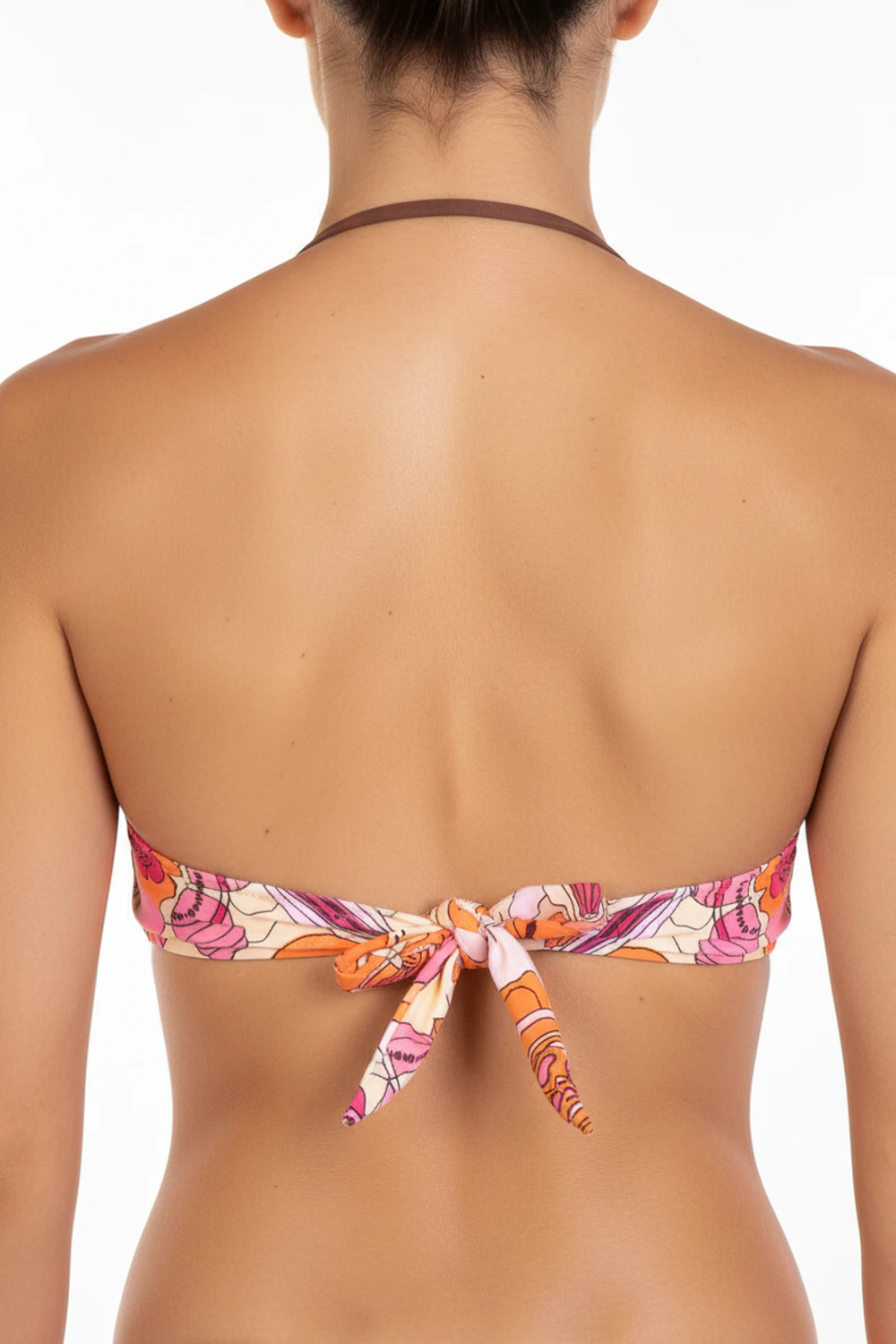 Floral print balconette bikini top with molded push-up cups and slim straps that tie at the neck for adjustable fit.