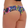 Summery floral boyshort bottom with pink, yellow and green blooms on a blue base, light stretch fabric.
