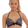 Floral triangle bikini top in polyamide with slim halter neck ties and a tie-back band, quick-drying for the water.