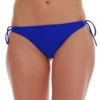 French blue tie-side thong bikini bottom with a low front and minimal back, bow ties in stretch polyamide-Lycra.