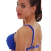French blue underwire bikini top with molded push-up cups and thin adjustable straps crossing the shoulders.