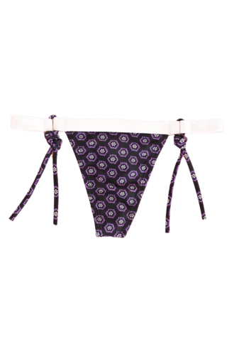 Tiara Galiano string tie-side thong in a foulard-style geometric print, thin ties at each hip over a minimal back.