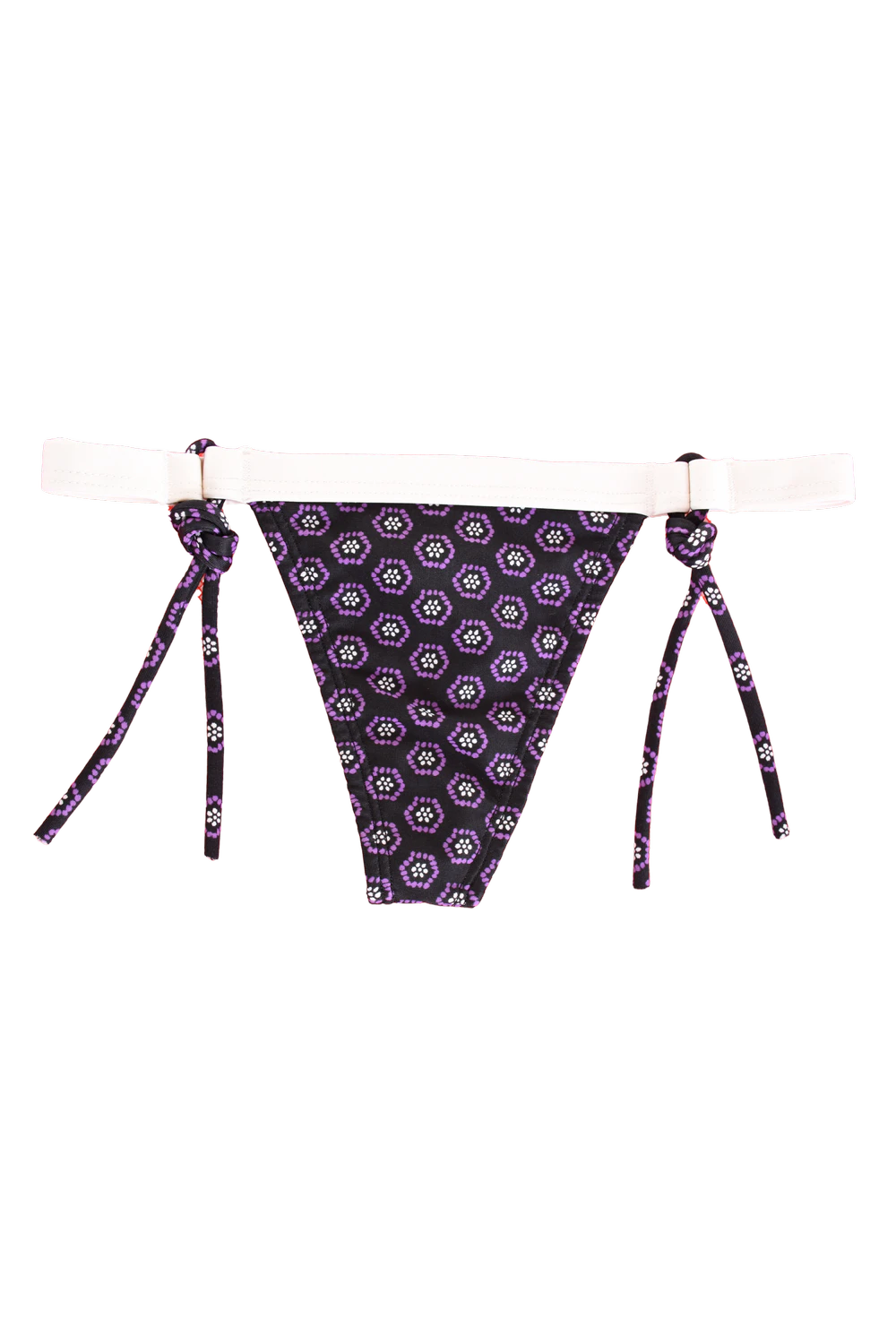 Tiara Galiano string tie-side thong in a foulard-style geometric print, thin ties at each hip over a minimal back.
