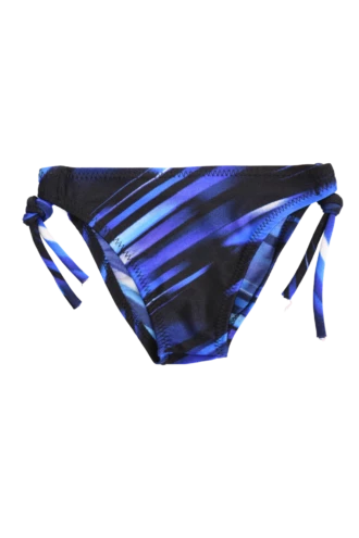 Girls' tie-side bikini bottom by Tiara Galiano in a cobalt-and-black brushstroke print with matching side ties, quick-drying polyamide.