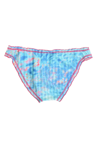 Light-blue tie-dye girls' swim bottom with pink trim and adjustable side ties, gently stretchy quick-drying fabric for pool days.
