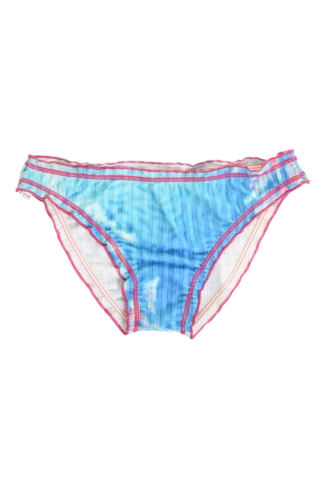 Girls' tie-side bikini bottom by Tiara Galiano in a light-blue tie-dye with pink trim and side ties, quick-drying polyamide.
