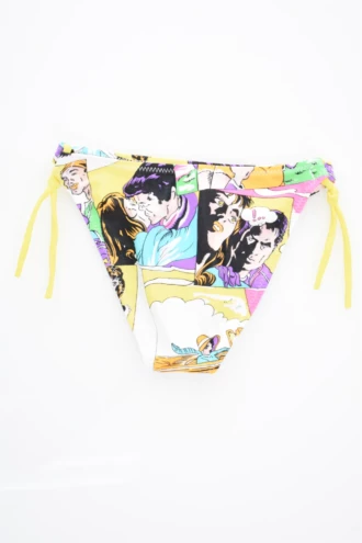 Yellow comic-book print girls' swim bottom with adjustable side ties, light quick-drying fabric for the pool, beach or garden.