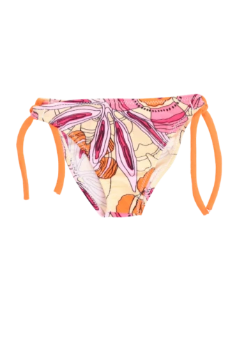 Girls' tie-side bikini bottom by Tiara Galiano in a pink and orange floral print on cream, with quick-drying polyamide swim fabric.