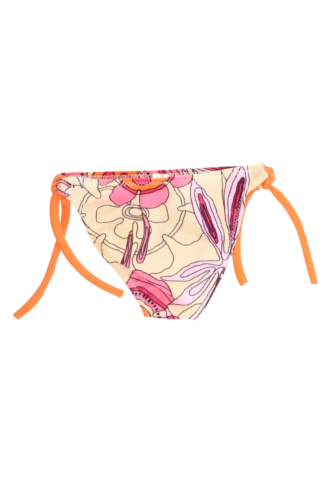 Floral girls' swim bikini bottom with orange adjustable side ties and a soft lightweight polyamide finish for pool and beach.