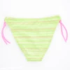 Green-striped girls' swim bottom with pink adjustable side ties, gently stretchy quick-drying fabric for warm days by the water.