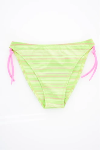 Girls' tie-side bikini bottom by Tiara Galiano in a soft green stripe with pink side ties and quick-drying polyamide fabric.