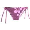 Girls' tie-side bikini bottom by Tiara Galiano in deep plum with a pink hibiscus print and matching plum side ties.