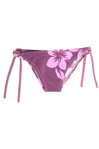 Girls' tie-side bikini bottom by Tiara Galiano in deep plum with a pink hibiscus print and matching plum side ties.
