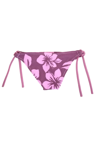 Tropical hibiscus girls' swim bottom in plum with adjustable side ties, soft quick-drying polyamide for warm days outdoors.