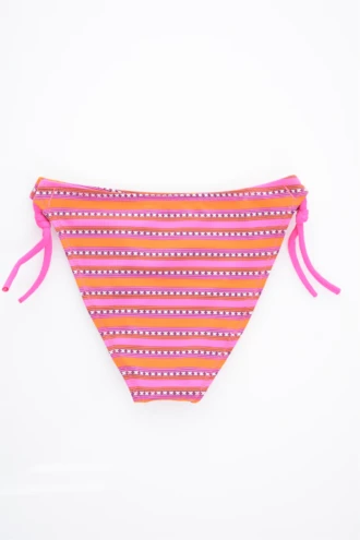 Pink-and-orange striped girls' swim bottom with adjustable side ties, soft light quick-drying fabric for the pool or beach.