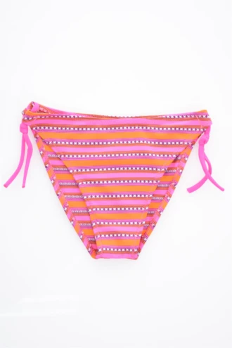Girls' tie-side bikini bottom by Tiara Galiano in a bright pink-and-orange stripe with woven dot detail and pink side ties, quick-drying polyamide.
