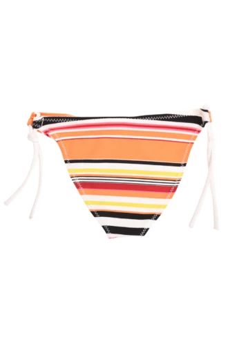 Rainbow-stripe girls' swim bottom with white adjustable side ties, soft lightweight polyamide for the pool, beach or garden.