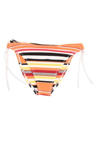 Girls' tie-side bikini bottom by Tiara Galiano in a bright multicolor stripe with white side ties and quick-drying polyamide fabric.