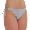 Mid-gray neutral thong bottom with adjustable hip ties and quick-drying stretch swim fabric.