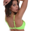 Green balconette bikini top with molded push-up cups and a small printed ruffle at the center for contrast.
