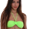 Bright bandeau bikini top in vivid green with a thin neck cord, light and quick-drying for sun and easy swims.