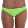 Green cheeky pull-on bikini bottom with moderate front coverage and a cheeky back, pulls on and stays put with no ties.
