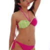 Green-striped bandeau bikini top with pink tie-side bottom in smooth quick-drying polyamide.