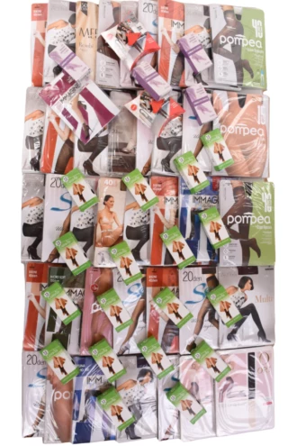 Italian-made promo pack of 45 pairs of women's tights and 45 pairs of socks, 90 pieces in assorted styles and sizes.