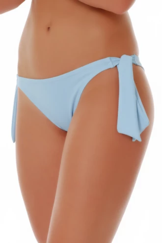 Light blue Brazilian tie-side bikini bottom with a V-shaped back and bow ties at each hip in stretch polyamide-Lycra.