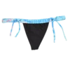 Low-rise black string thong swim bottom with a minimal back and slim blue tie-dye ties, light and quick-drying for tanning.