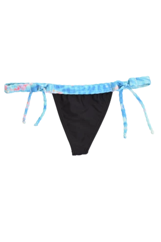 Low-rise black string thong swim bottom with a minimal back and slim blue tie-dye ties, light and quick-drying for tanning.
