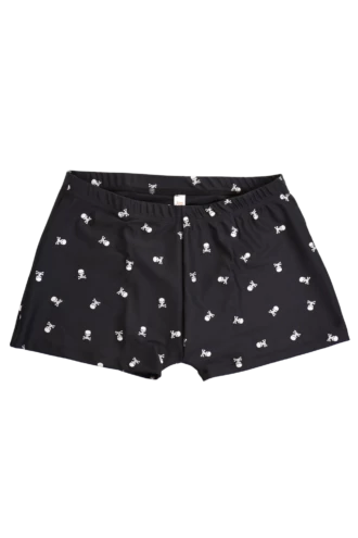 Black men's boxer swim shorts with a short square leg and elasticated waist, light polyamide fabric for pool and beach.