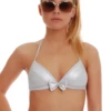 Metallic triangle bikini top in polyamide with a hook-and-eye back and slim neck ties to set the fit.