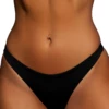 Minimal black thong bikini bottom with thin sides, a versatile solid shade that pairs with any top for a quick dip.